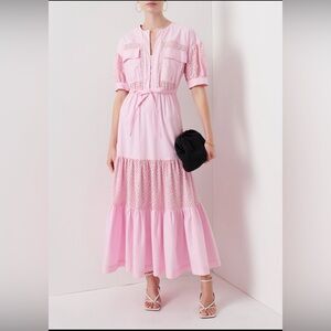 NWT Derek Lam 10 Crosby Addison Puff Sleeve Pink Tiered Polo Collar Maxi Dress